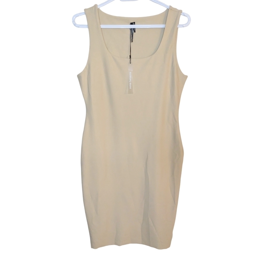 Sonia Benezra Scoop Neck Bodycon Mini Dress nude tan beige Large medium A1